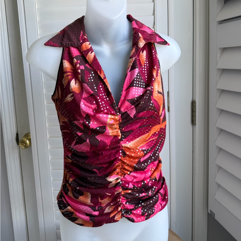Cache Pink and Orange Floral Ruched Sleeveless Camisole
